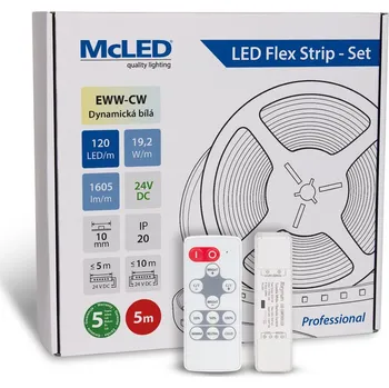 LED páska McLED LED pásek - sada 5 m + Přijímač Nano CCT, 120 LED/m, EWW-CW, 19,2 W/m, DC 24V, 1605 lm/m, CRI80, IP20, 10 mm, vodič 3 m
