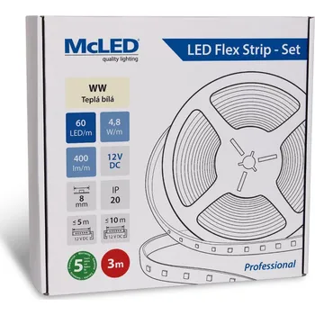 LED páska McLED LED pásek - sada 3 m, 60 LED/m, WW, 4,8 W/m, DC 12V, 400 lm/m, CRI90, IP20, 8 mm, vodič 3 m
