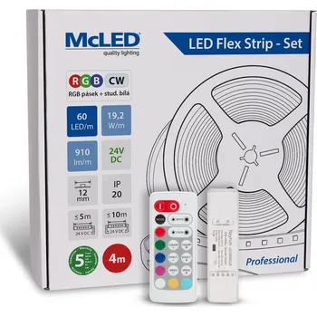 LED páska McLED LED pásek - sada 4 m + Přijímač Nano RGBW, 60 LED/m, RGB+CW, 19,2 W/m, DC 24V, 910 lm/m, CRI80, IP20, 12 mm, vodič 3 m