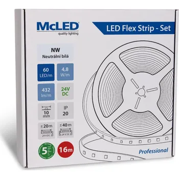 LED páska McLED LED pásek - sada 16 m, 60 LED/m, NW, 4,8 W/m, DC 24V, 432 lm/m, CRI90, IP20, 10 mm, vodič 3 m