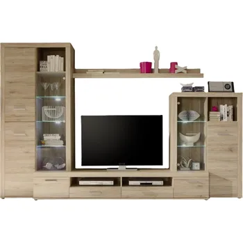 Televizní stolek Hnědá obývací stěna Kane 310 x 204 x 46 MDF, sklo, polypropylen