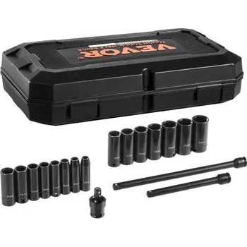 Klíč Sada rázových nástrčných klíčů VEVOR 3/8", 18dílná sada hlubokých nástrčných klíčů, metrické 8-22 mm, 6hranná legovaná ocel CR-V pro opravy automobilů, snadno čitelné označení velikosti, robustní konstrukce, včetně úložného pouzdra.