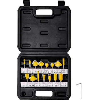 Fréza Sada fréz VEVOR, 15 kusů, sada karbidových fréz se stopkou 6,35 mm (1/4 palce), plastové přepravní pouzdro, nářadí pro profesionální i začínající tesaře, pro dřevo, MDF, dřevotřísku, překližku