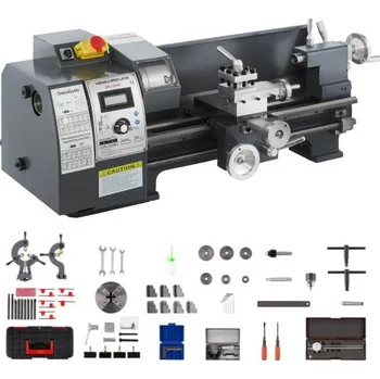Soustruh VEVOR Modernizovaný 750W mini kovový soustruh 8x16 palců s luxusní krabicí s příslušenstvím, 50-2500PRM plynule nastavitelných otáček MT3 vřeteno kuželový kovový soustruh s pohyblivou lampou 4čelisťové sklíčidlo 9 fréz