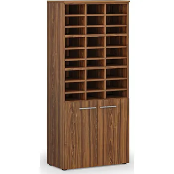 Kancelářská sestava Třídicí regál s dveřmi PRIMO WOOD, 800 x 420 x 1781 mm, 27 přihrádek, ořech
