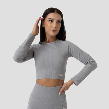 Dámské oblečení GymBeam Dámské tričko FLO Ribbed Crop Top Grey S + DÁREK