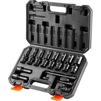 Klíč Sada rázových nástrčných klíčů VEVOR s otočením o 360 stupňů, 14dílná hluboká univerzální metrická 10-19 mm, 6hranná Cr-Mo legovaná ocel pro opravy automobilů, snadno čitelné označení velikosti, robustní konstrukce, úložné pouzdro