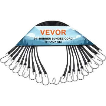 Upínací popruh VEVOR 10dílná plochá bungee šňůra, 20mm odolné bungee popruhy s ocelovými S-háky, 24" elastické bungee lano pro náklad, plachty, kamiony a stany, černá
