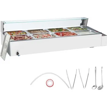 Ohřívač jídla VEVOR s 8 pánvemi, elektrický parní stůl 8 x 8QT se skleněným krytem, ​​1700W pracovní deska z nerezové oceli, vodní lázeň s regulací teploty 86-185 °F pro catering, restaurace, stříbrný