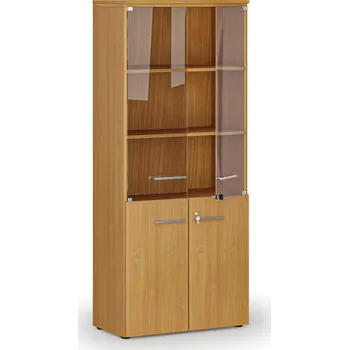 Kancelářská sestava Kombinovaná kancelářská skříň PRIMO WOOD s dřevěnými a skleněnými dveřmi, 800 x 420 x 1781 mm, buk