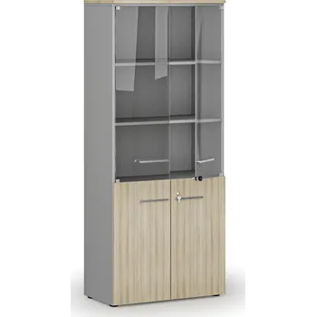 Kancelářská sestava Kombinovaná kancelářská skříň s dřevěnými a skleněnými dveřmi PRIMO GRAY, 800 x 420 x 1781 mm, šedá/dub přírodní