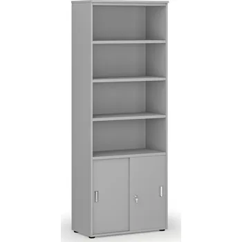Kancelářská sestava Kombinovaná kancelářská skříň PRIMO GRAY, zasouvací dveře na 2 patra, 800 x 420 x 2128 mm, šedá