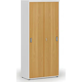 Kancelářská sestava Skříň se zasouvacími dveřmi PRIMO WHITE, 800 x 420 x 1781 mm, bílá/buk