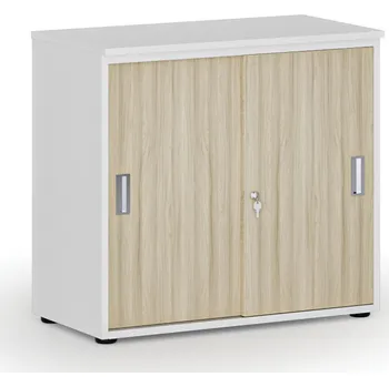 Kancelářská sestava Kancelářská skříň se zasouvacími dveřmi PRIMO WHITE, 800 x 420 x 740 mm, bílá/dub přírodní