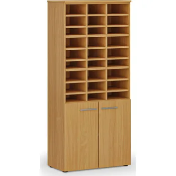 Kancelářská sestava Třídicí regál s dveřmi PRIMO WOOD, 800 x 420 x 1781 mm, 27 přihrádek, buk