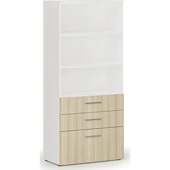 Kancelářská sestava Kancelářská skříň s kombinovanými zásuvkami PRIMO WHITE, 800 x 420 x 1781 mm, bílá/dub př.
