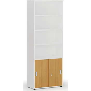 Kancelářská sestava Kombinovaná kancelářská skříň PRIMO WHITE, zasouvací dveře na 2 patra, 800 x 420 x 2128 mm, bílá/buk