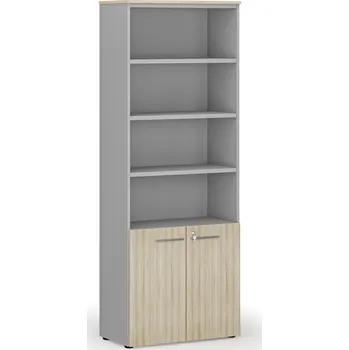 Kancelářská sestava Kombinovaná kancelářská skříň PRIMO GRAY, dveře na 2 patra, 800 x 420 x 2128 mm, šedá/dub přírodní