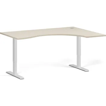 Počítačový stůl Ergonomický výškově nastavitelný stůl. 160x120 cm, 2 motory, L/P, bílá podnož, bříza