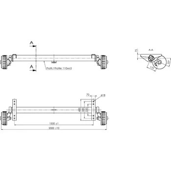 Zadní náprava Náprava AL-KO Plus B 1800-9 (1800 kg) a=1500 mm, c=2000 mm, 112x5, zesílené patky