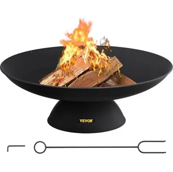 Ohniště VEVOR, kulaté litinové ohniště o hloubce 76 cm, na dřevo pro venkovní terasy, zahrady a kempování, se stabilní základnou ve tvaru ohniště a tyčkou na palivové dřevo, černé
