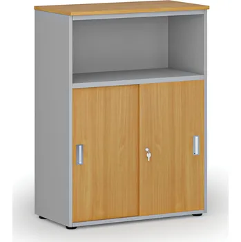 Kancelářská sestava Kombinovaná kancelářská skříň se zásuvnými dveřmi PRIMO GRAY, 800 x 420 x 1087 mm, šedá/buk