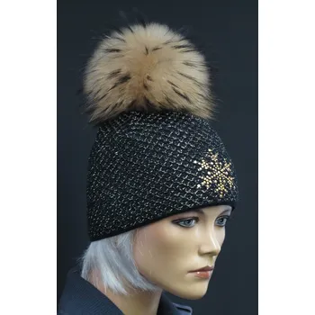 Čepice R-Jet Dámská zimní pletená čepice s kožešinovou bambulí 671 černá se zlatým lurexem
