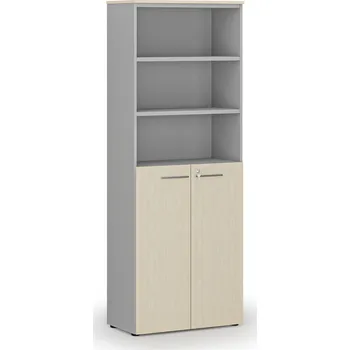 Kancelářská sestava Kombinovaná kancelářská skříň PRIMO GRAY, dveře na 3 patra, 800 x 420 x 2128 mm, šedá/bříza