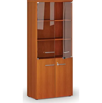 Kancelářská sestava Kombinovaná kancelářská skříň PRIMO WOOD s dřevěnými a skleněnými dveřmi, 800 x 420 x 1781 mm, třešeň