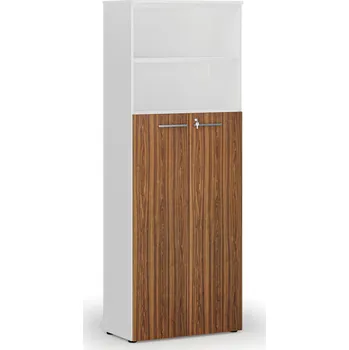 Kancelářská sestava Kombinovaná kancelářská skříň PRIMO WHITE, dveře na 4 patra, 800 x 420 x 2128 mm, bílá/ořech