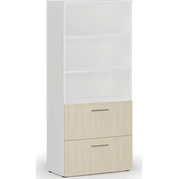 Kancelářská sestava Skříň se zásuvkami pro závěsné složky PRIMO WHITE, 800 x 420 x 1781 mm, bílá/bříza