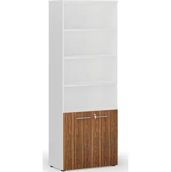 Kancelářská sestava Kombinovaná kancelářská skříň PRIMO WHITE, dveře na 2 patra, 800 x 420 x 2128 mm, bílá/ořech