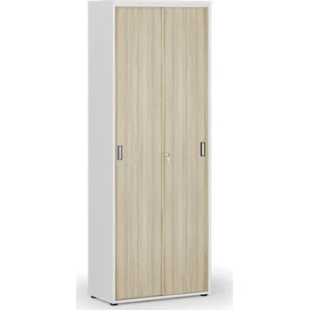 Kancelářská sestava Kancelářská skříň se zasouvacími dveřmi PRIMO WHITE, 800 x 420 x 2128 mm, bílá/dub přírodní