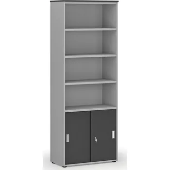 Kancelářská sestava Kombinovaná kancelářská skříň PRIMO GRAY, zasouvací dveře na 2 patra, 800 x 420 x 2128 mm, šedá/grafit