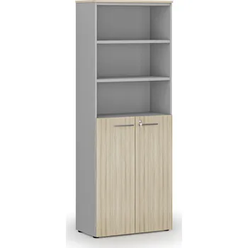 Kancelářská sestava Kombinovaná kancelářská skříň PRIMO GRAY, dveře na 3 patra, 800 x 420 x 2128 mm, šedá/dub přírodní