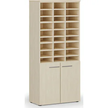 Kancelářská sestava Třídicí regál s dveřmi PRIMO WOOD, 800 x 420 x 1781 mm, 27 přihrádek, bříza