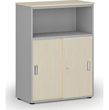 Kancelářská sestava Kombinovaná kancelářská skříň se zásuvnými dveřmi PRIMO GRAY, 800 x 420 x 1087 mm, šedá/bříza