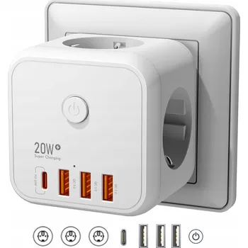 Elektrická zásuvka Inteligentní adaptér 7 v 1 EU ve tvaru kostky s vypínačem, bílý