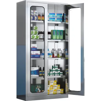 Policová skříň Nerezová lékařská skříň s prosklenými dveřmi, 1800 x 900 x 400 mm