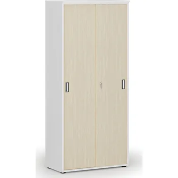 Kancelářská sestava Skříň se zasouvacími dveřmi PRIMO WHITE, 800 x 420 x 1781 mm, bílá/bříza