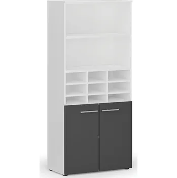 Kancelářská sestava Třídicí regál s dveřmi PRIMO WHITE, 800 x 420 x 1781 mm, 9 přihrádek, bílá / grafitová