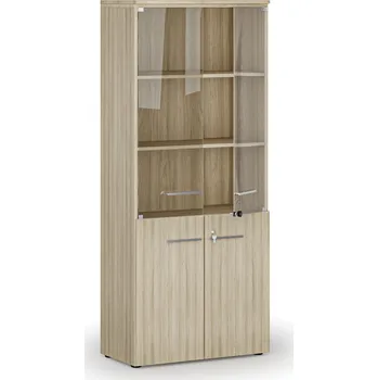 Kancelářská sestava Kombinovaná kancelářská skříň PRIMO WOOD s dřevěnými a skleněnými dveřmi, 800 x 420 x 1781 mm, dub přírodní