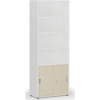 Kancelářská sestava Kombinovaná kancelářská skříň PRIMO WHITE, zasouvací dveře na 2 patra, 800 x 420 x 2128 mm, bílá/bříza