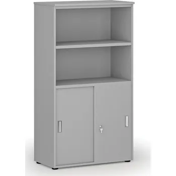 Kancelářská sestava Kombinovaná kancelářská skříň PRIMO GRAY, zasouvací dveře na 2 patra, 800 x 420 x 1434 mm, šedá