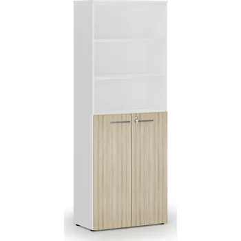 Kancelářská sestava Kombinovaná kancelářská skříň PRIMO WHITE, dveře na 3 patra, 800 x 420 x 2128 mm, bílá/dub přírodní