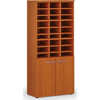 Kancelářská sestava Třídicí regál s dveřmi PRIMO WOOD, 800 x 420 x 1781 mm, 27 přihrádek, třešeň