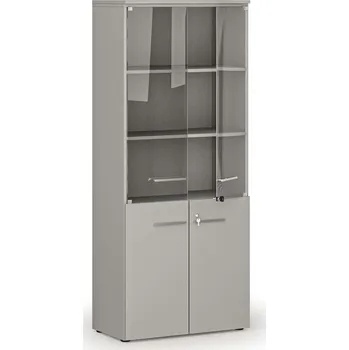 Kancelářská sestava Kombinovaná kancelářská skříň s dřevěnými a skleněnými dveřmi PRIMO GRAY, 800 x 420 x 1781 mm, šedá