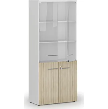 Kancelářská sestava Kombinovaná kancelářská skříň PRIMO WHITE s dřevěnými a skleněnými dveřmi, 800 x 420 x 1781 mm, bílá/dub přírodní