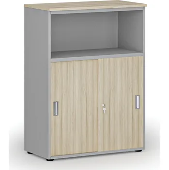 Kancelářská sestava Kombinovaná kancelářská skříň se zásuvnými dveřmi PRIMO GRAY, 800 x 420 x 1087 mm, šedá/dub přírodní