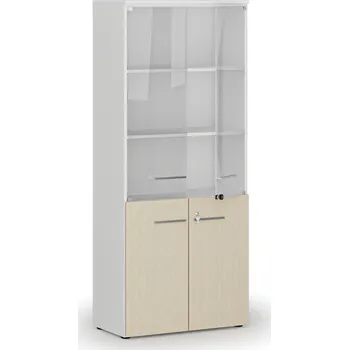 Kancelářská sestava Kombinovaná kancelářská skříň PRIMO WHITE s dřevěnými a skleněnými dveřmi, 800 x 420 x 1781 mm, bílá/bříza